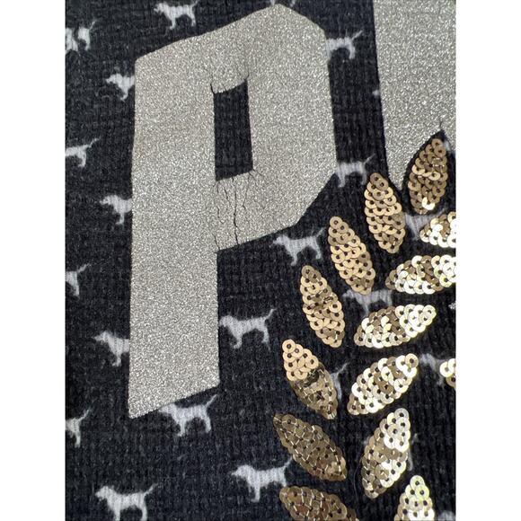 Victoria Secret Sleep Shirt XS Grey Dog Print Waffle Henley PINK Bling Sequins - Picture 5 of 12